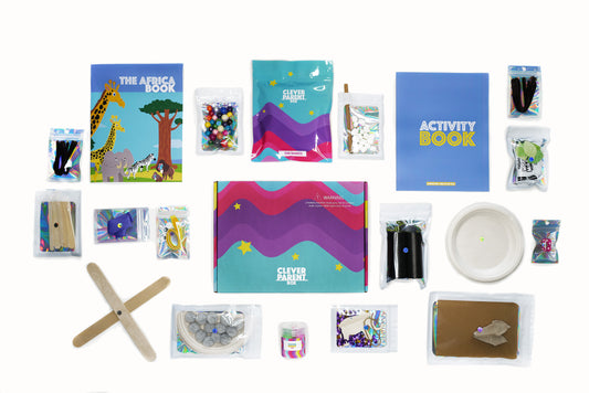 Top-down view of all the items in the Kaleidomix monthly kids subscription box